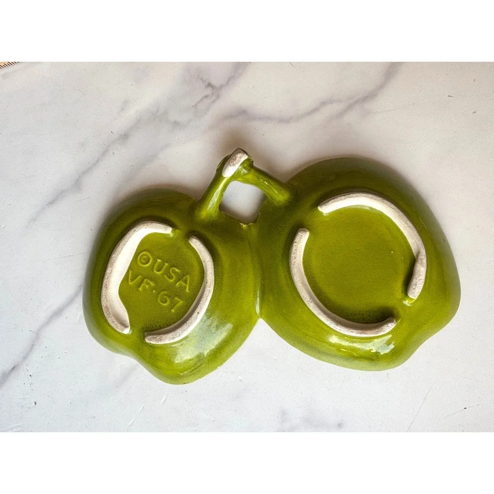 Vintage USA Pottery VF-67 Green Double Apple Divided Dish Candy Nut Trinket